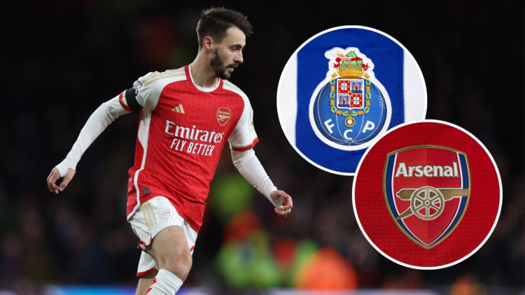 Fabio Vieira in an Arsenal kit, with two insets featuring the Arsenal badge and the Porto badge.