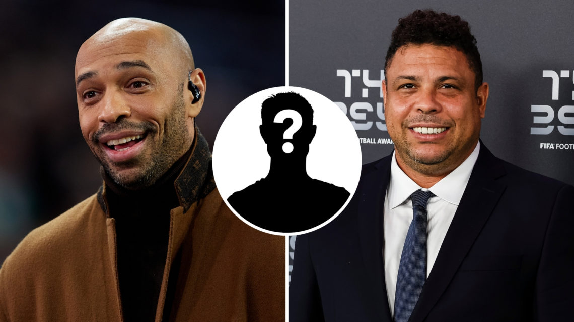 Split image of Thierry Henry (left), Ronaldo Nazário (right), and a mystery player silhouette (centre).
