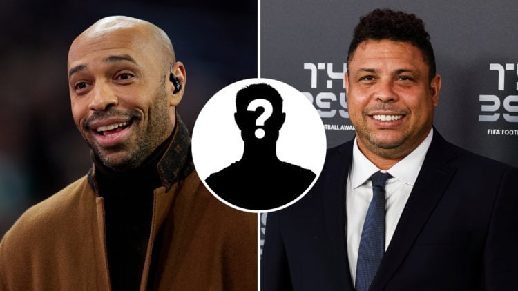 Split image of Thierry Henry (left), Ronaldo Nazário (right), and a mystery player silhouette (centre).