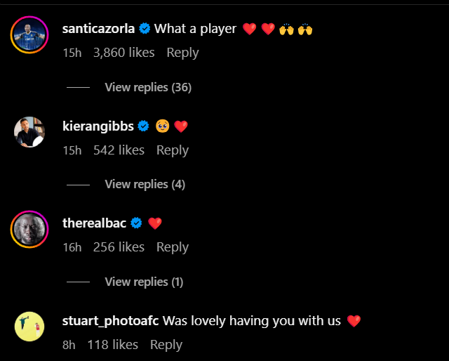 Screengrab of replies under Mesut Ozil's Instagram post about his time at Arsenal