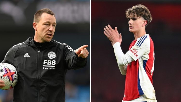 Split image of John Terry as Assistant Coach of Leicester City (left) and Max Dowman of Arsenal applauding the fans following the FA Youth Cup Quar...