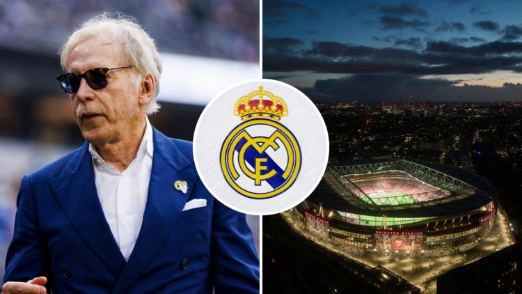 A split image featuring Stan Kroenke (left) and the Emirates Stadium (right), with an inset of the Real Madrid badge in the center.