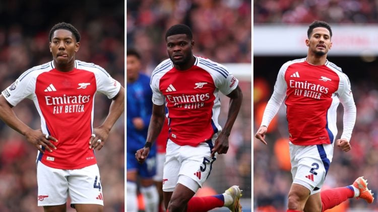 Three-way split image of Myles Lewis-Skelly, Thomas Partey, and William Saliba.