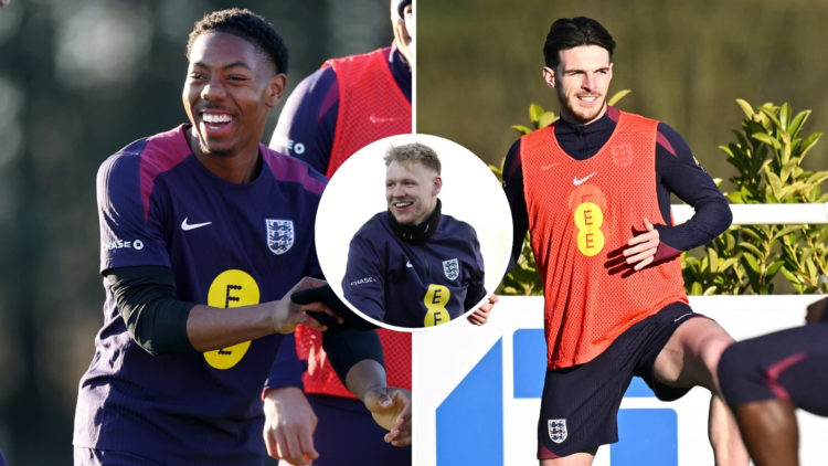 Split image of Myles Lewis-Skelly (left) and Declan Rice (right), with a central inset of Aaron Ramsdale, all training with the England squad.