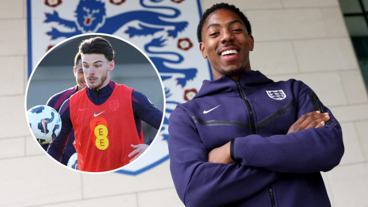 Myles Lewis-Skelly in an England tracksuit smiling ahead of his first senior team call-up, with an inset of Declan Rice.