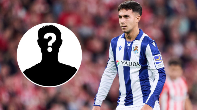 Martin Zubimendi looks on during a LaLiga match, with an inset of a mystery player silhouette.