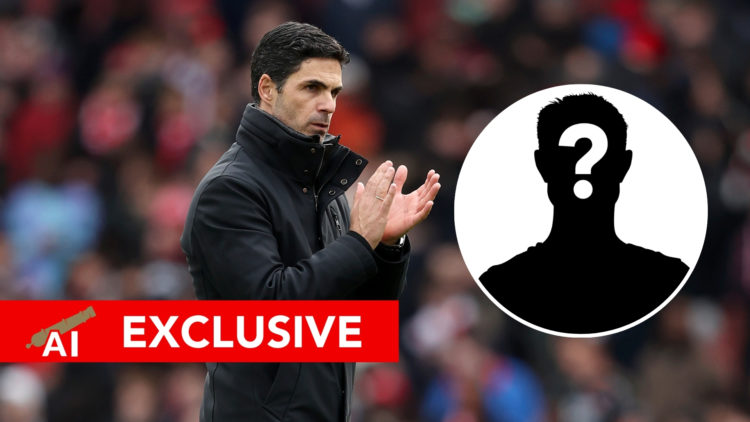 Arsenal Insider Exclusive: Mikel Arteta applauds fans, with an inset of a mystery player silhouette.
