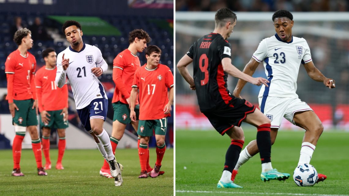 Split image of Ethan Nwaneri (left) and Myles Lewis-Skelly (right), featuring for England U21s against Portugal and the England senior team against...