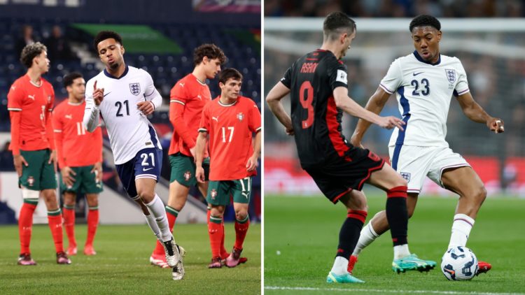 Split image of Ethan Nwaneri (left) and Myles Lewis-Skelly (right), featuring for England U21s against Portugal and the England senior team against...