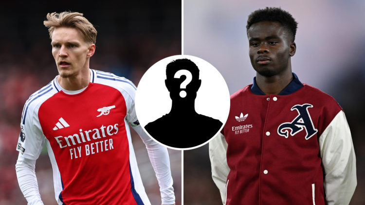 Split image of Martin Ødegaard (left) and Bukayo Saka (right), with a central inset of a mystery player silhouette.