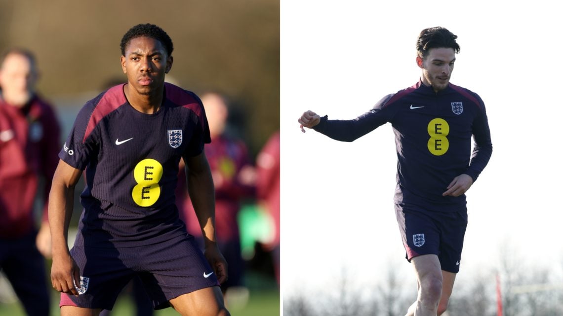 Split image of Myles Lewis-Skelly (left) and Declan Rice (right), both in England training this week.