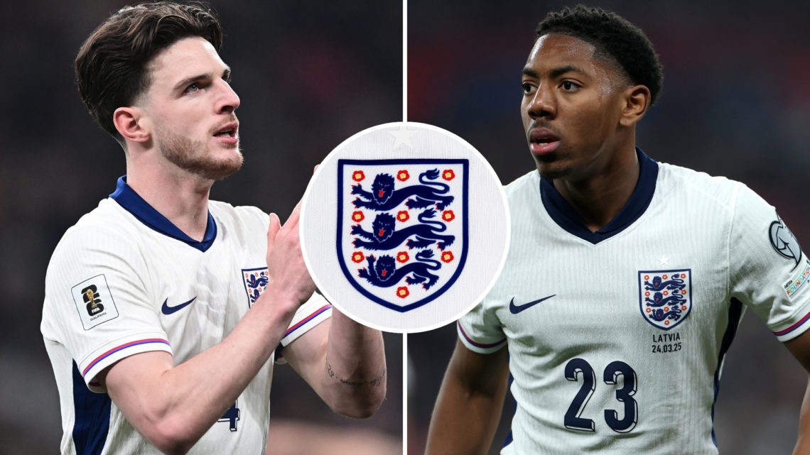 A split image of Declan Rice (left) and Myles Lewis-Skelly (right), both in England kits, with a central inset of the England badge.