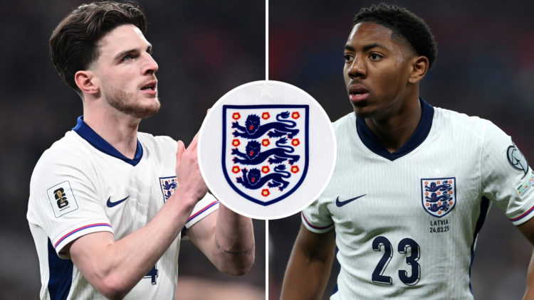 A split image of Declan Rice (left) and Myles Lewis-Skelly (right), both in England kits, with a central inset of the England badge.