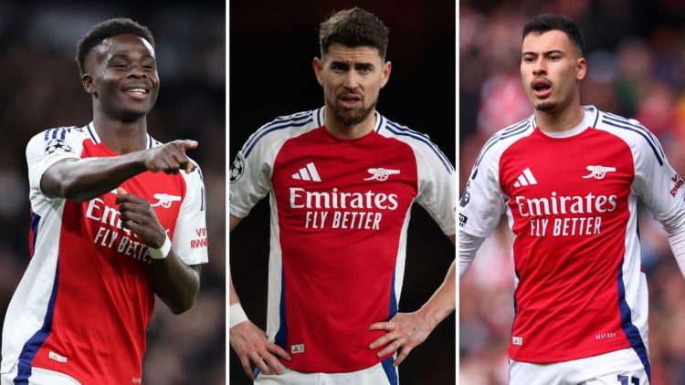 Three-way split image of Bukayo Saka, Jorginho, and Gabriel Martinelli.