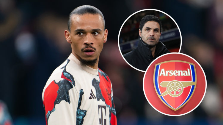 Leroy Sané looking on, with two insets featuring Mikel Arteta and the Arsenal badge.