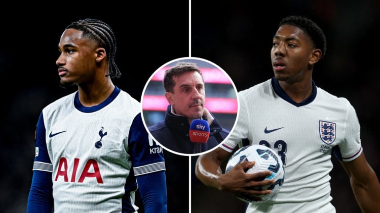 Split image of Djed Spence (left) and Myles Lewis-Skelly (right), with a central inset of Gary Neville, all looking serious.