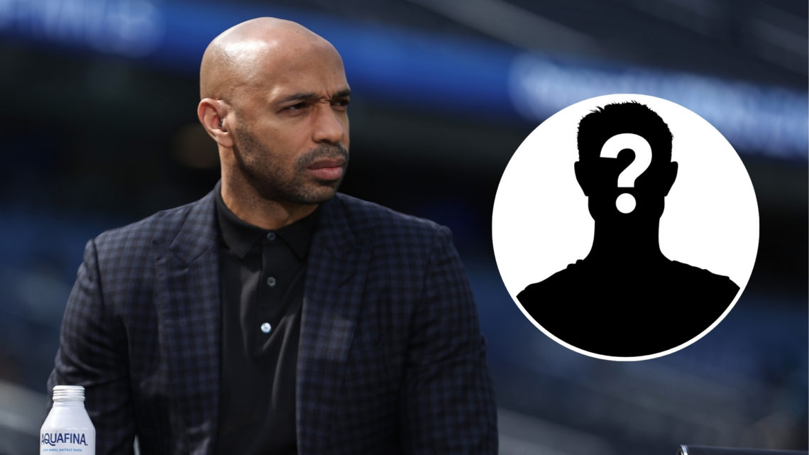 Thierry Henry working as a pundit, with an inset of a mystery player silhouette.