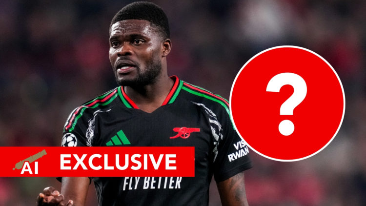 Arsenal Insider Exclusive: Thomas Partey of Arsenal gestures during the UEFA Champions League 2024/25 Round of 16 first-leg match between PSV and A...
