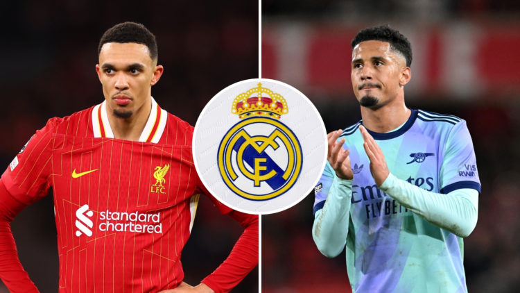 Split image of Trent Alexander-Arnold (left) and William Saliba (right), with a central inset of the Real Madrid badge.