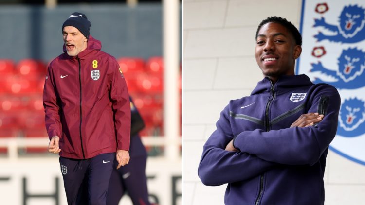 Split image of Thomas Tuchel (left) and Myles Lewis-Skelly (right).