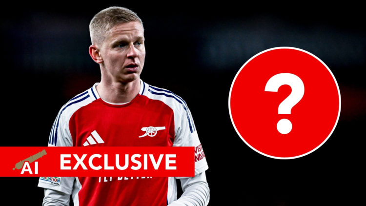 Arsenal Insider Exclusive: Zinchenko looks on during the match between Arsenal and PSV, with an inset question mark.