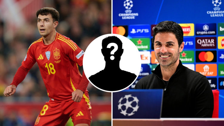 A split image of Martin Zubimendi on the left and Mikel Arteta on the right, with a central inset of a mystery player.