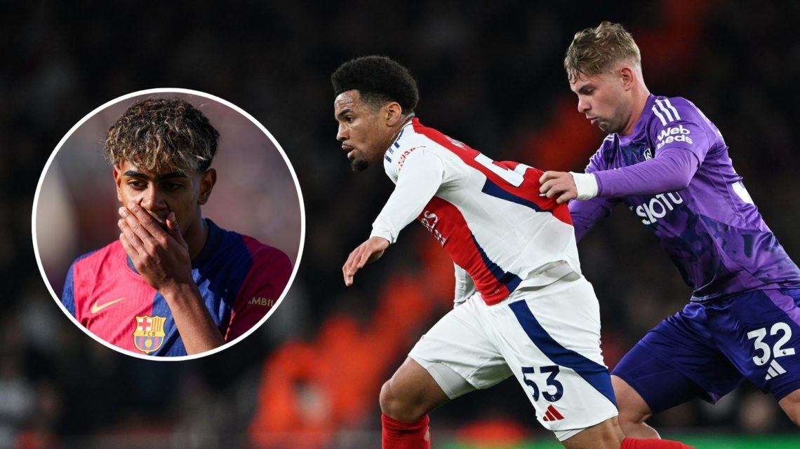 Ethan Nwaneri is challenged by Emile Smith Rowe of Fulham during the Premier League match between Arsenal FC and Fulham FC with inset of Lamine Yam...