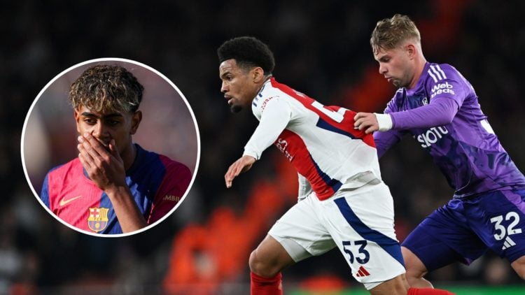 Ethan Nwaneri is challenged by Emile Smith Rowe of Fulham during the Premier League match between Arsenal FC and Fulham FC with inset of Lamine Yam...