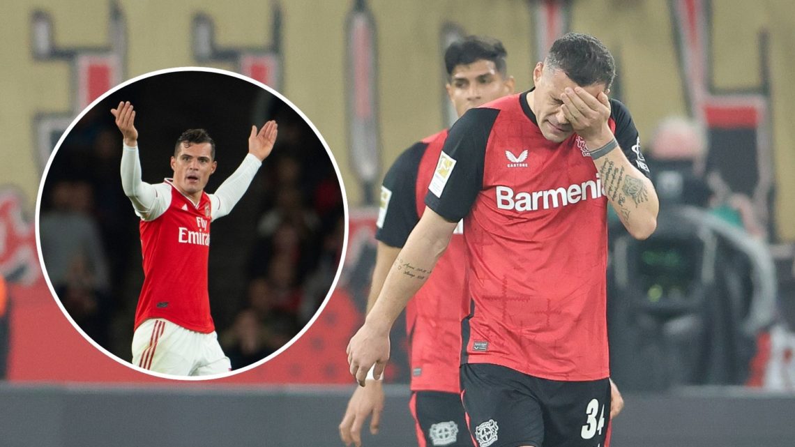 Granit Xhaka of Bayer Leverkusen disappointed during the Bundesliga match between Bayer 04 Leverkusen and VfL Bochum with inset of Granit Xhaka rea...
