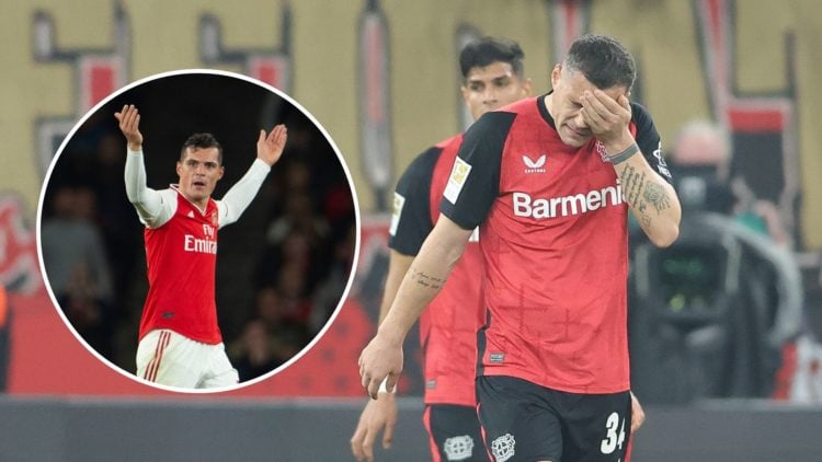 Granit Xhaka of Bayer Leverkusen disappointed during the Bundesliga match between Bayer 04 Leverkusen and VfL Bochum with inset of Granit Xhaka rea...