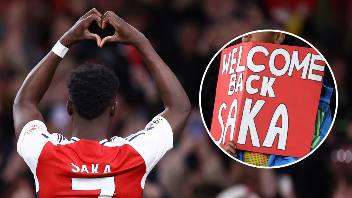 Bukayo Saka of Arsenal celebrates scoring their 2nd goal during the Premier League match between Arsenal FC and Fulham FC with inset of A fan holds...