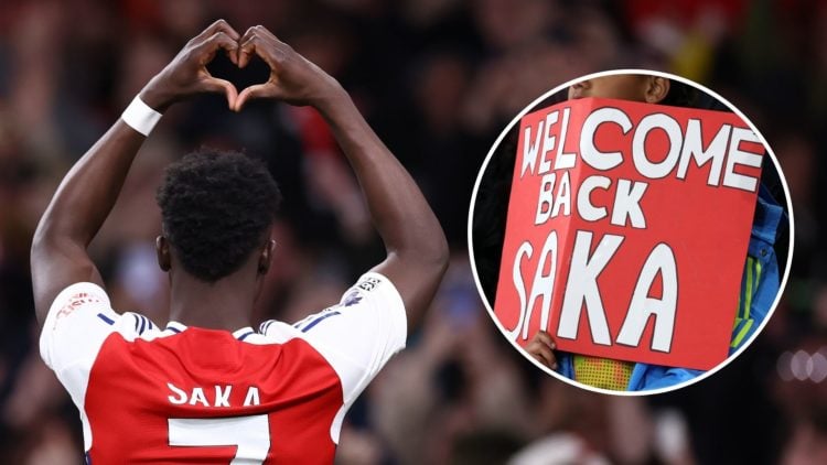 Bukayo Saka of Arsenal celebrates scoring their 2nd goal during the Premier League match between Arsenal FC and Fulham FC with inset of A fan holds...