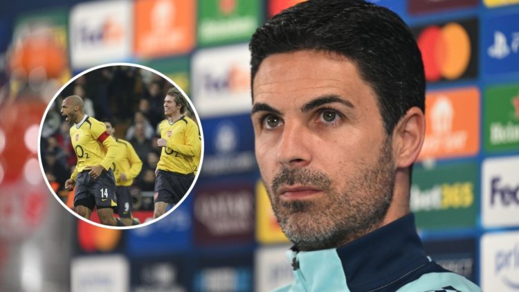Arsenal manager Mikel Arteta attends a press conference ahead of their UEFA Champions League 2024/25 quarter final first leg match with inset of Th...