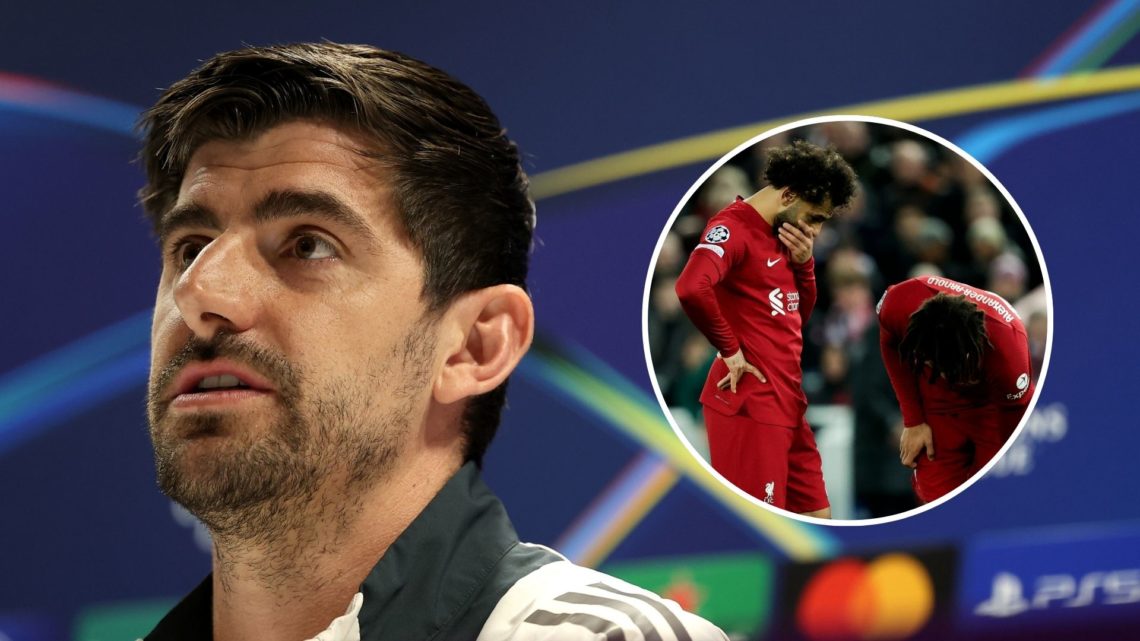 Thibaut Courtois of Real Madrid talks during a press conference ahead of their UEFA Champions League 2024/25 quarter final first leg match with ins...