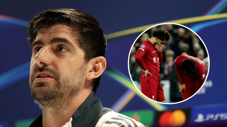Thibaut Courtois of Real Madrid talks during a press conference ahead of their UEFA Champions League 2024/25 quarter final first leg match with ins...