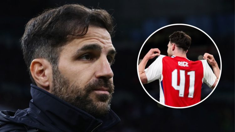 Cesc Fabregas, Head Coach of Como, looks on prior to the Serie A match between AC Milan and Como at Stadio Giuseppe Meazza with inset of Declan Ric...
