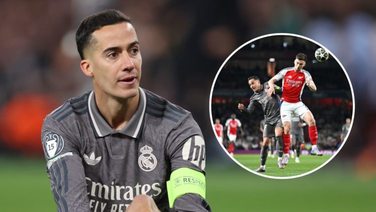 Lucas Vazquez during the UEFA Champions League 2024/25 Quarter Final First Leg match between Arsenal FC and Real Madrid C.F. with inset of Kieran T...