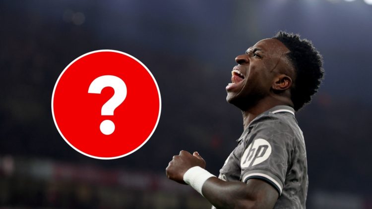Vinicius Junior reacts during the match between Arsenal FC and Real Madrid C.F. with question mark inset.