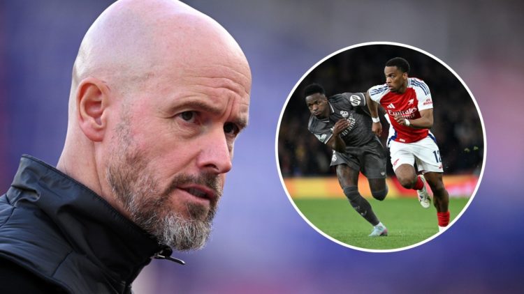 Erik ten Hag during the Premier League match between West Ham United FC and Manchester United FC with inset of Jurrien Timber during the UEFA Champ...