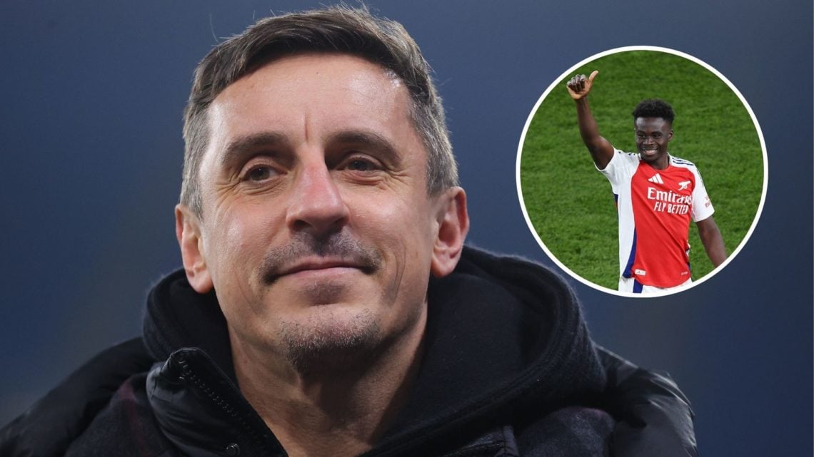 Gary Neville during the Barclays Women's Super League match between Manchester City and Manchester United with inset of Bukayo Saka after the UEFA ...
