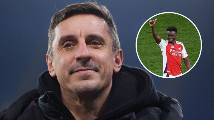 Gary Neville during the Barclays Women's Super League match between Manchester City and Manchester United with inset of Bukayo Saka after the UEFA ...