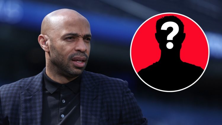 Thierry Henry before the Concacaf Nations League Semifinal match between United States and Panama with mystery icon inset.