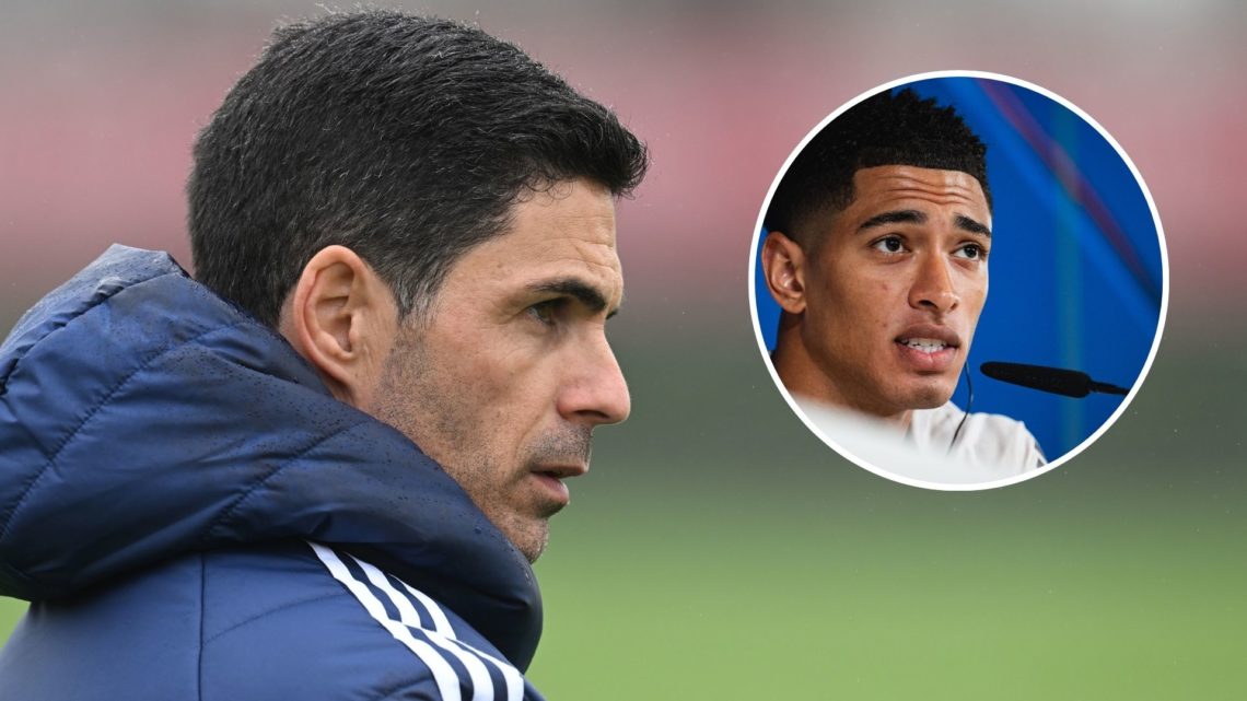 Arsenal manager Mikel Arteta during a training session with inset of Jude Bellingham of Real Madrid CF speaks during a press conference.