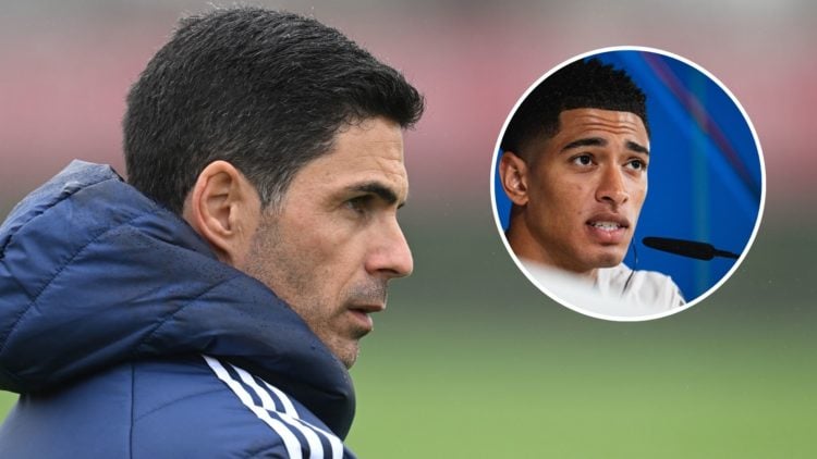 Arsenal manager Mikel Arteta during a training session with inset of Jude Bellingham of Real Madrid CF speaks during a press conference.