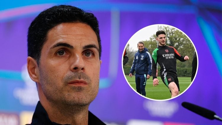 Mikel Arteta attends his press conference ahead of the UEFA Champions League, football match against Real Madrid with inset of Declan Rice of Arsen...