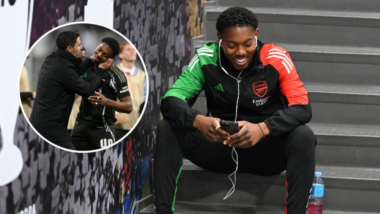 Myles Lewis-Skelly of Arsenal before the UEFA Champions League 2024/25 Quarter Final with inset of Arsenal manager Mikel Arteta celebrating with My...