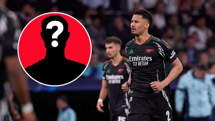 William Saliba in action during the UEFA Champions League 2024/25 Quarter Final Second Leg match between Real Madrid CF and Arsenal FC with inset o...