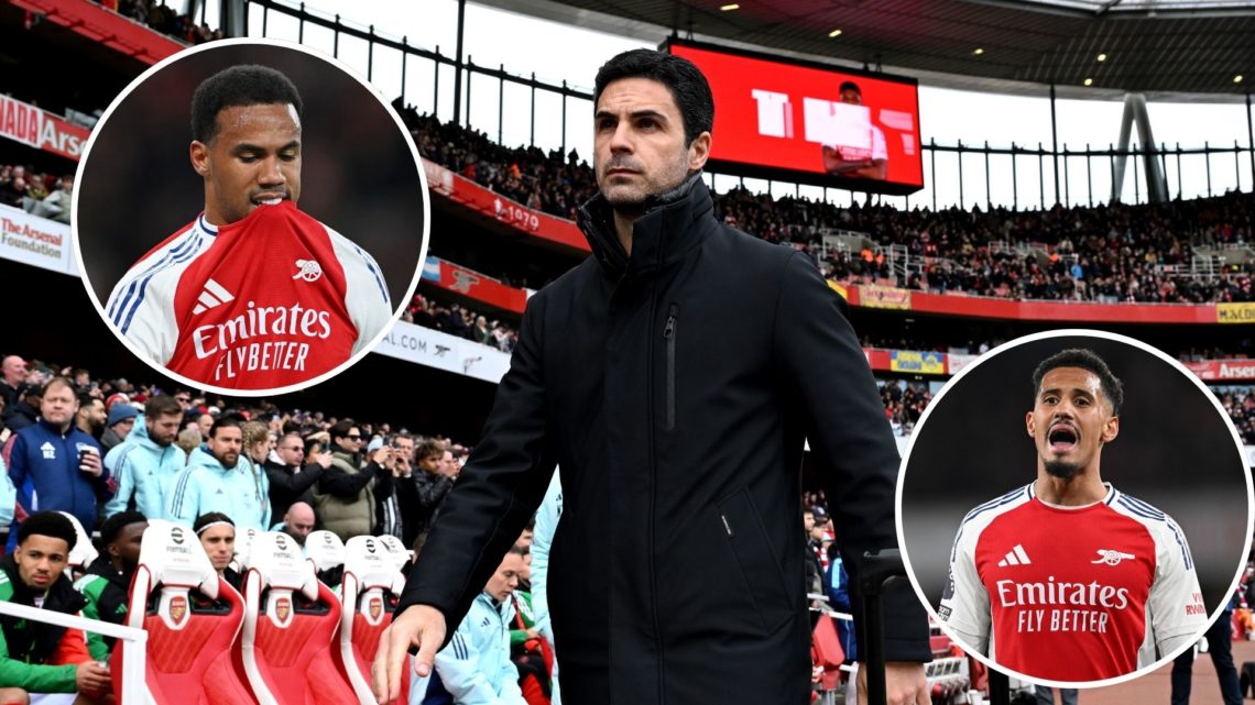 Image of: Mikel Arteta, Manager of Arsenal, looks on prior to the Premier League match between Arsenal FC and Chelsea FC Insets of: Gabriel of Arse...
