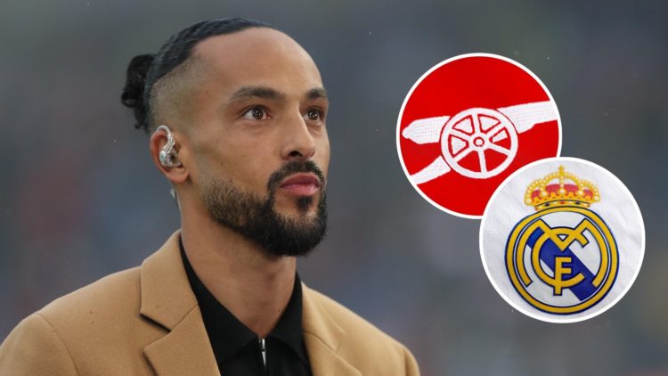 Theo Walcott looks on during the Premier League match between Brighton & Hove Albion and Arsenal FC with insets of A detailed view of the badge of ...