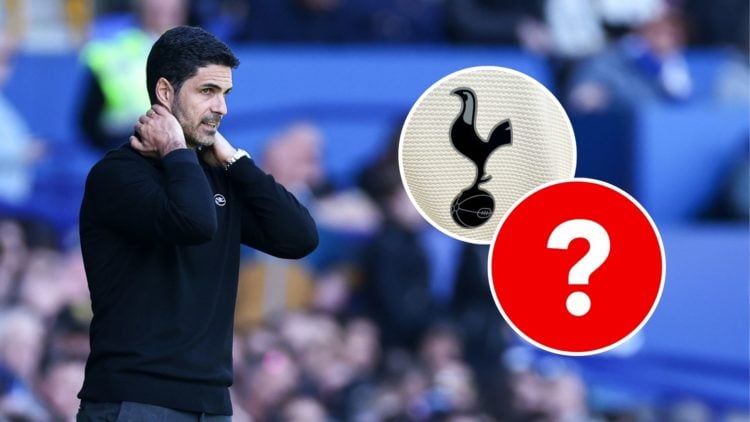 Mikel Arteta reacts during the Premier League match between Everton FC and Arsenal FC with insets of Tottenham Hotspur F.C. logo is seen on a footb...